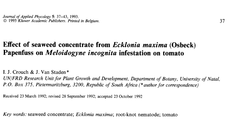 Effect of seaweed concentrate from Ecklonia maxima on Meloidogyne incognita infestation on tomato